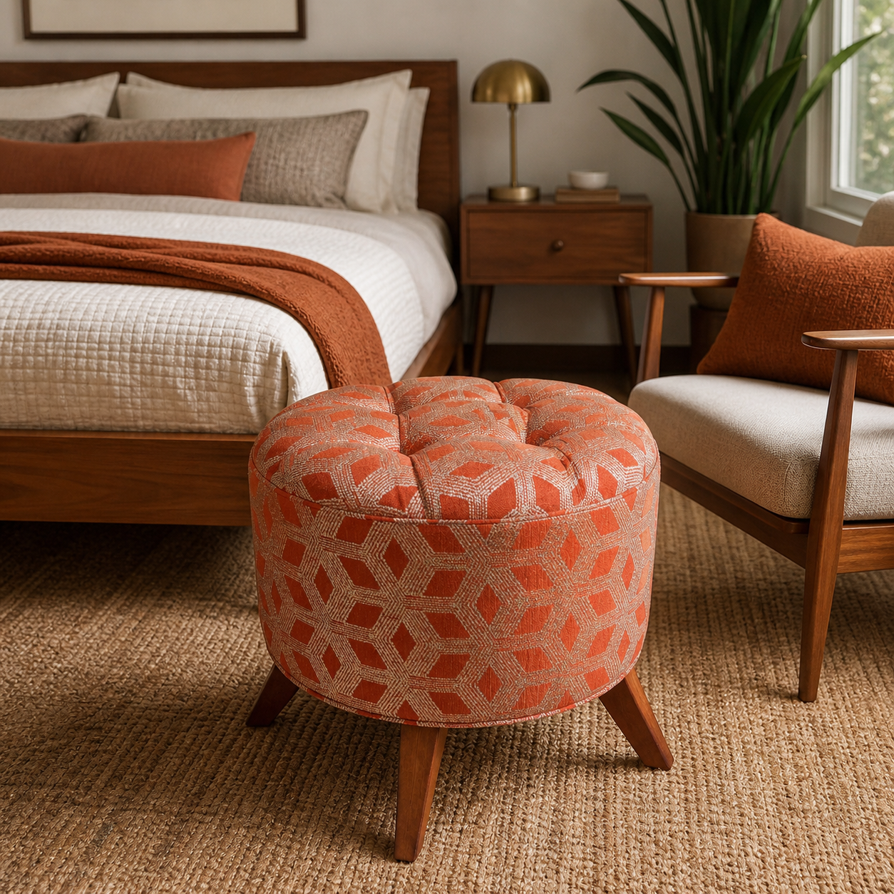Orange geometric tufted Valencia Ottoman styled in a warm modern bedroom with mid century wood furniture and terracotta accents