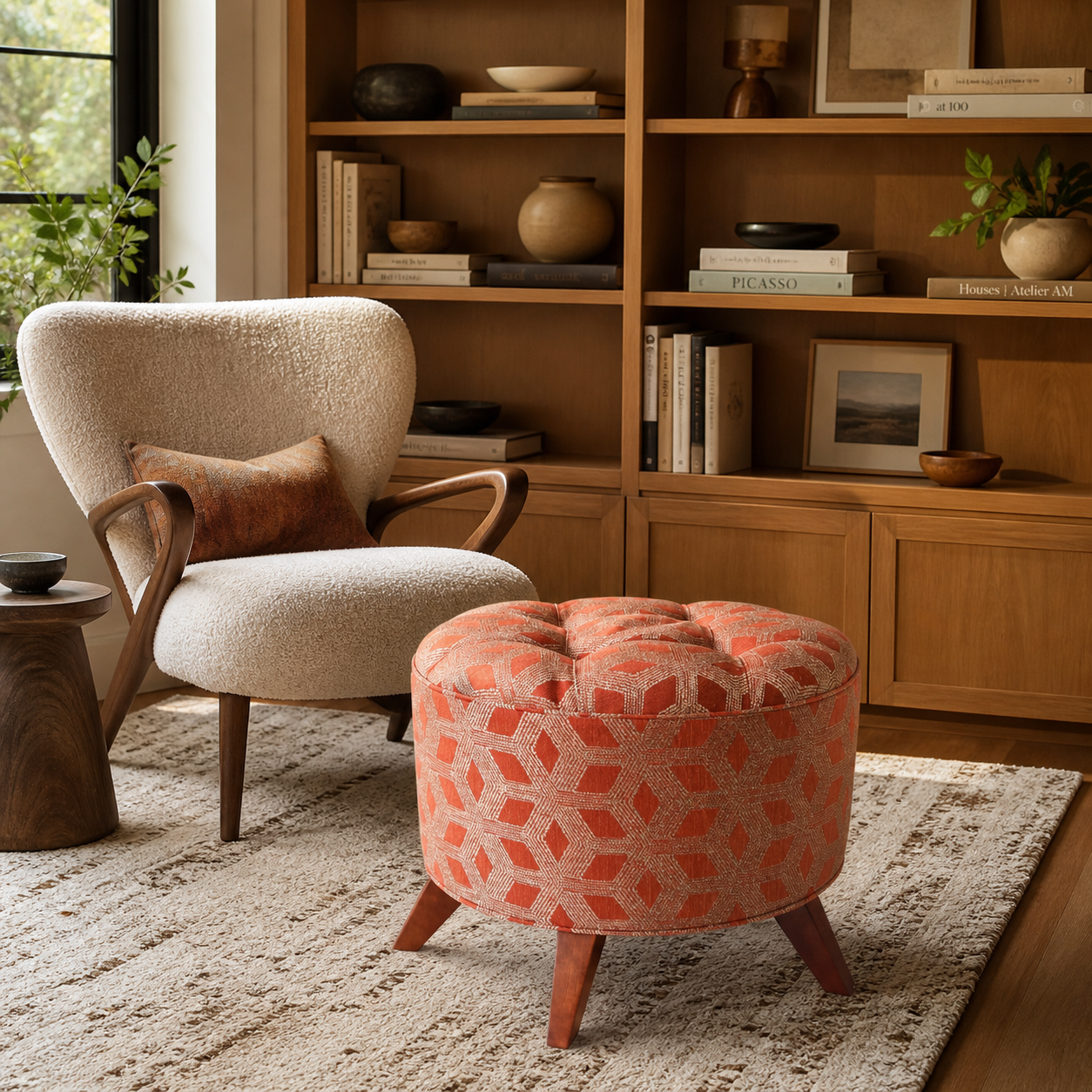 The Valencia orange tufted ottoman styled in a mid century modern reading nook with boucle chair warm wood shelves and neutral rug