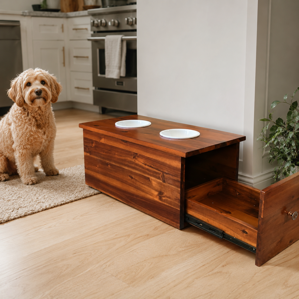Wood pet feeder storage drawer with two white bowls in 24 x 12 x 12 size styled as a cozy kitchen feeding station