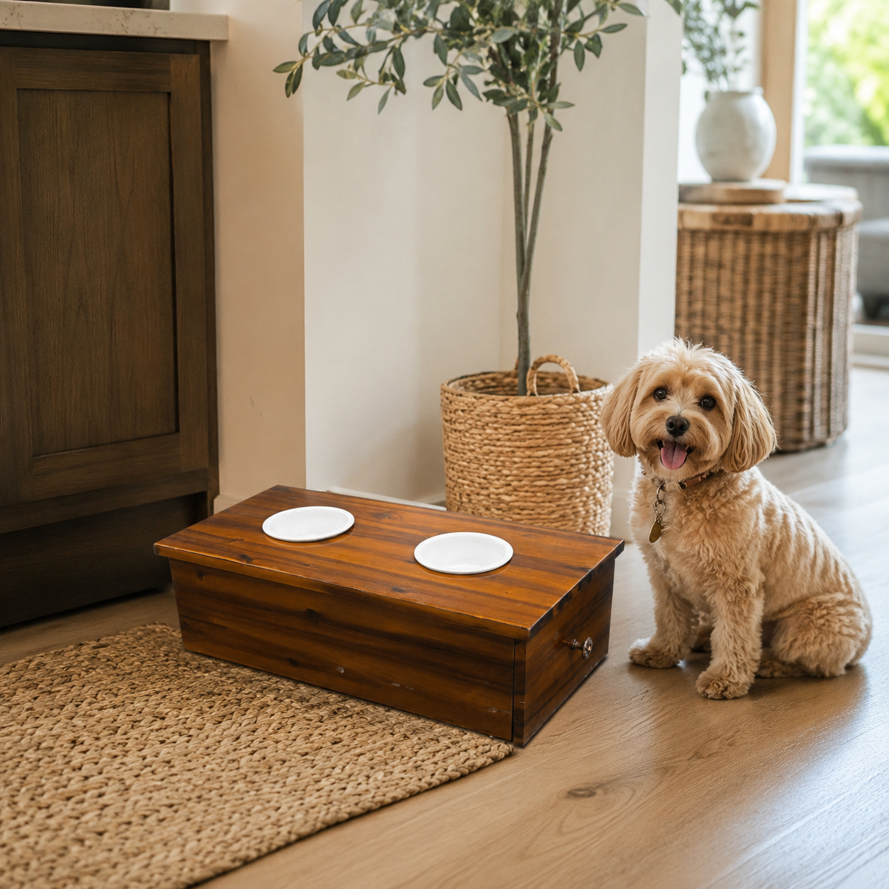 Wood pet feeder storage box with two bowls in 24 x 12 x 8 size styled in a cozy kitchen corner