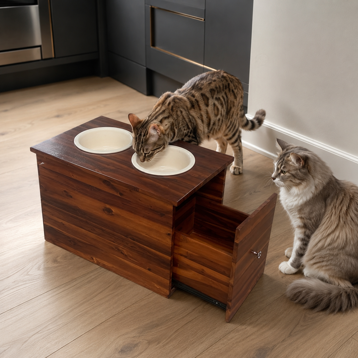 Wooden pet feeder with storage drawer in 24 x 15 x 16 size styled in a modern kitchen with two cats