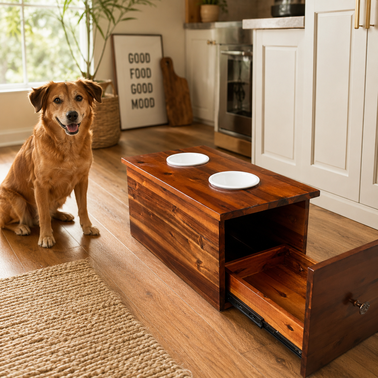 Design 59 Furniture wooden elevated pet feeder with drawer in 24 x 12 x 12 size styled in a modern kitchen with dog