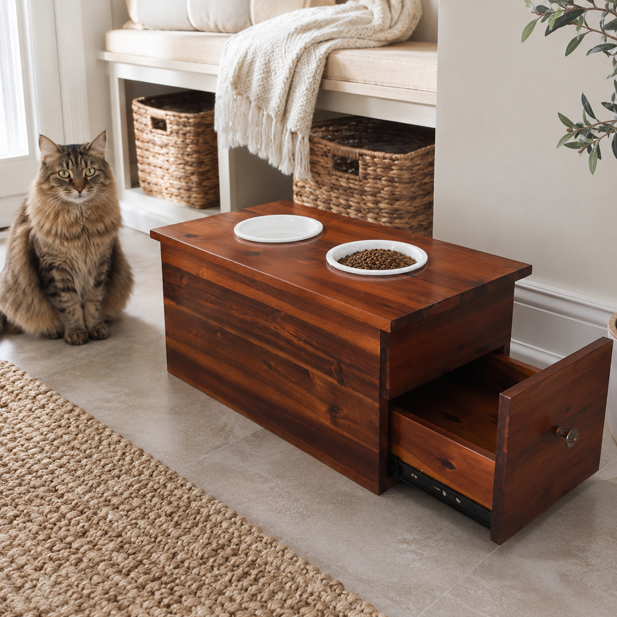 Wooden elevated pet feeder with drawer in 24 x 12 x 12 size styled in a sunlit entryway with dog
