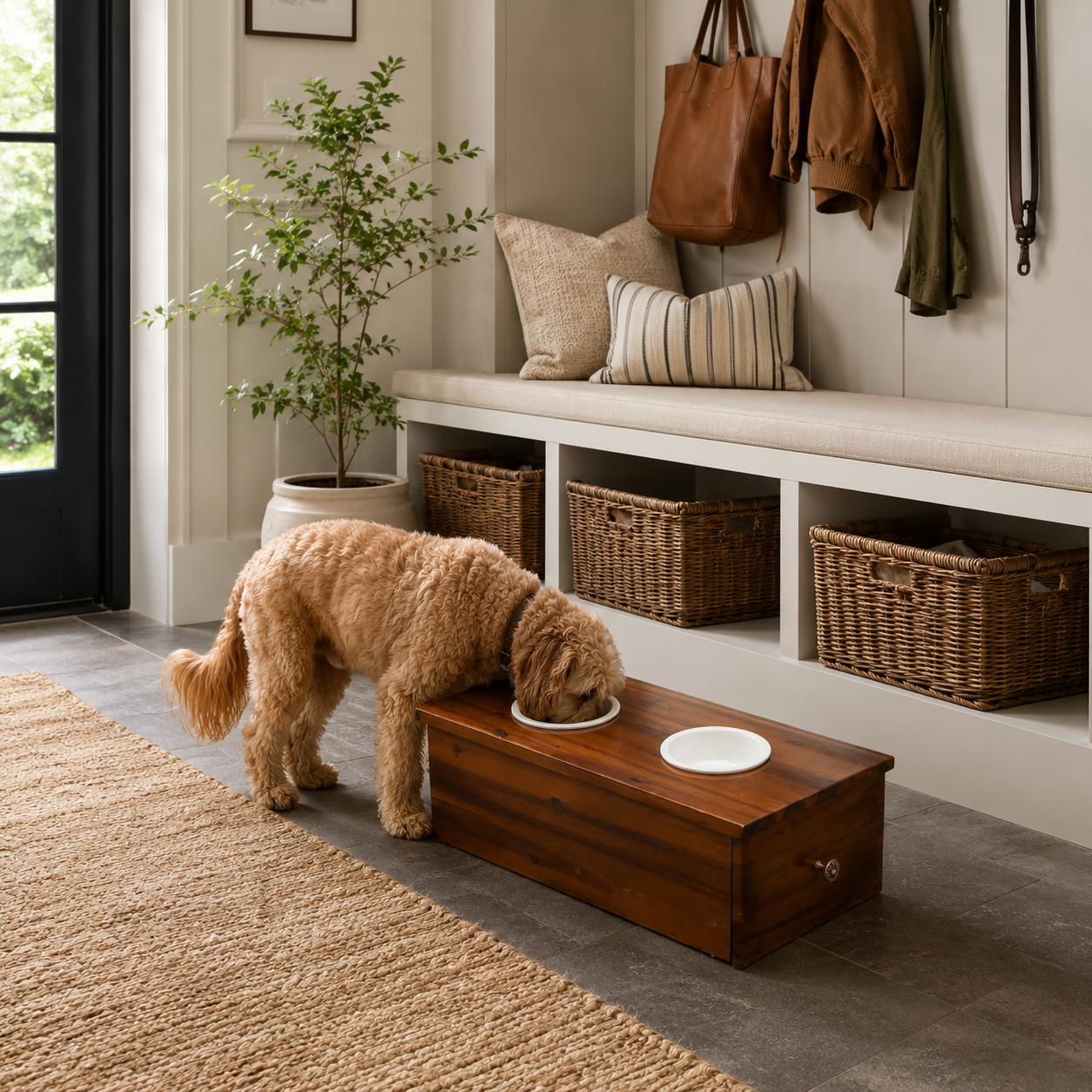 Low wooden pet feeder with drawer in 24 x 12 x 8 size styled in an entryway feeding nook with dog