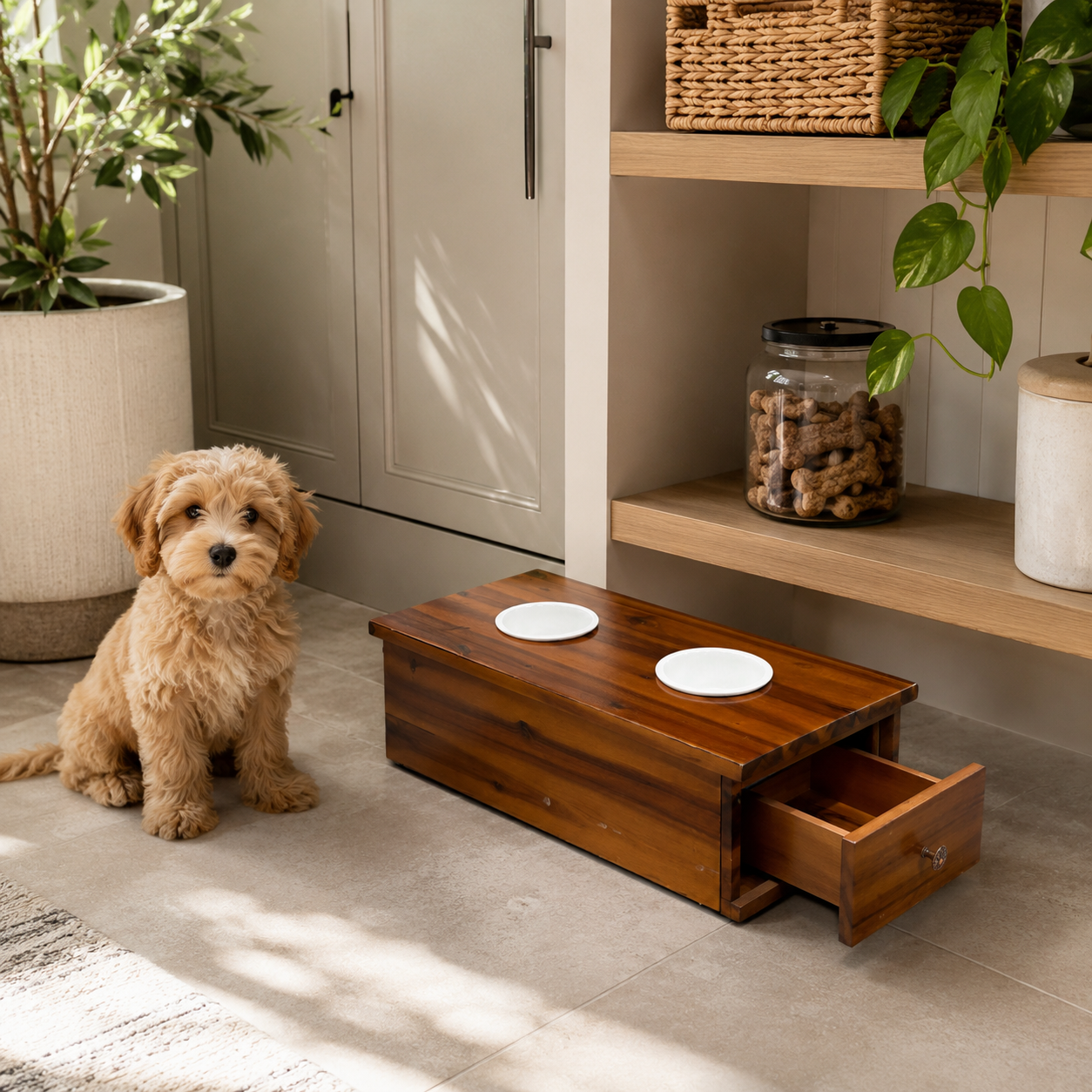 Design 59 Furniture wooden elevated pet feeder with storage drawer in 24 x 12 x 8 size styled in a modern kitchen with small dog