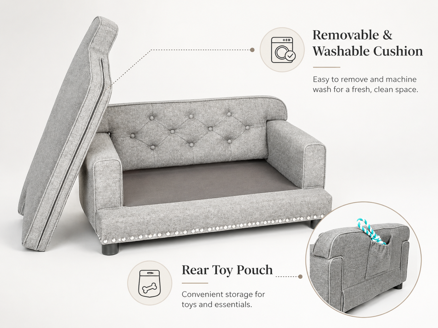 Gray dog sofa with removable washable cushion and rear toy pouch