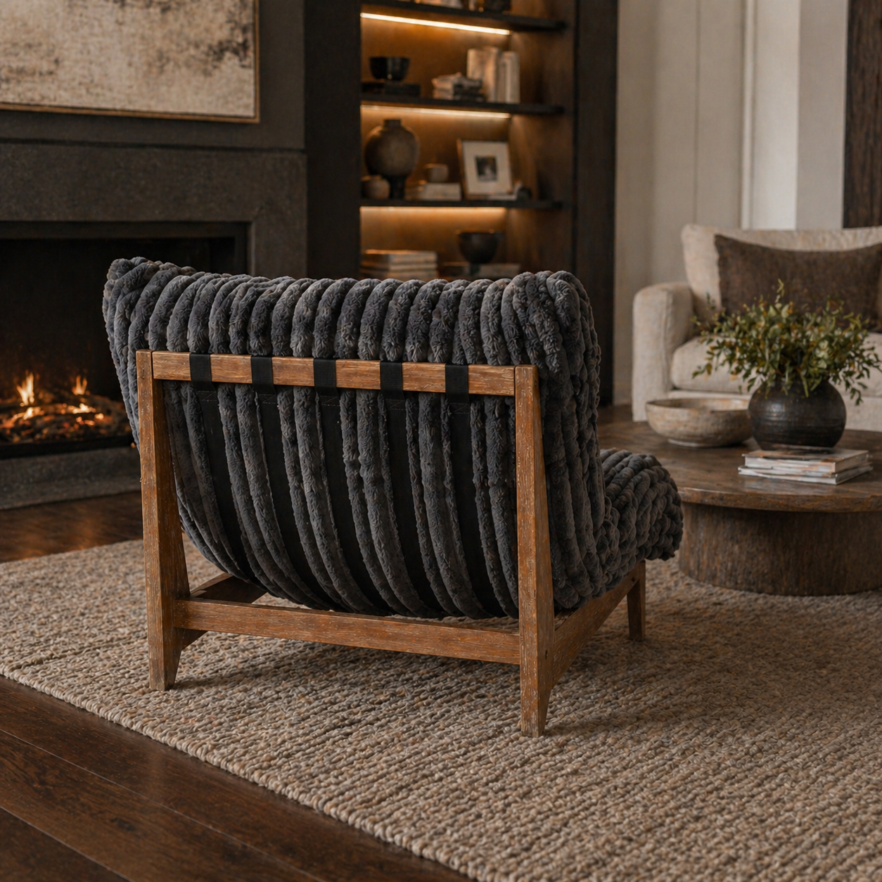 Gray plush acacia wood lounge chair beside a fireplace