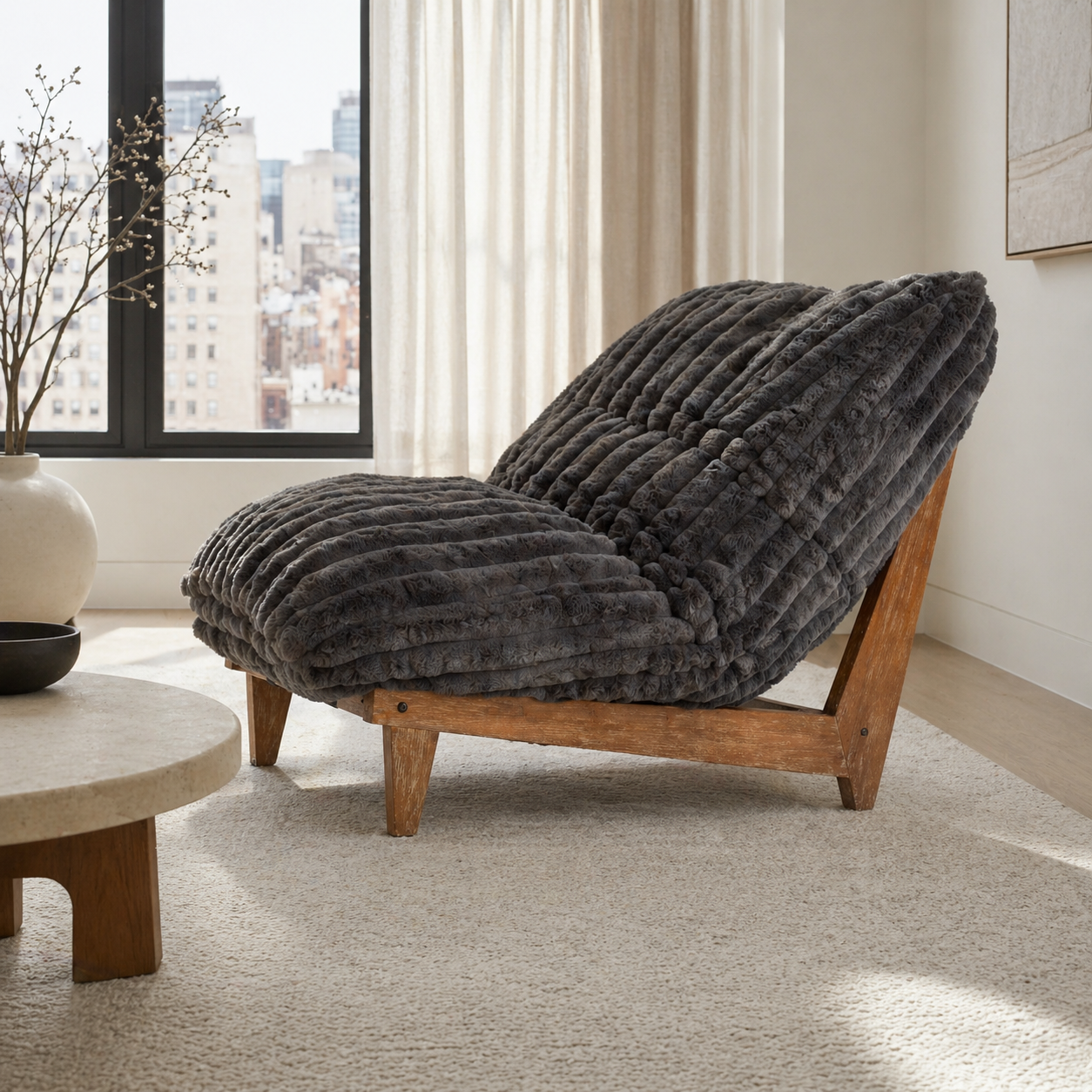 Gray plush acacia wood lounge chair in a bright living room