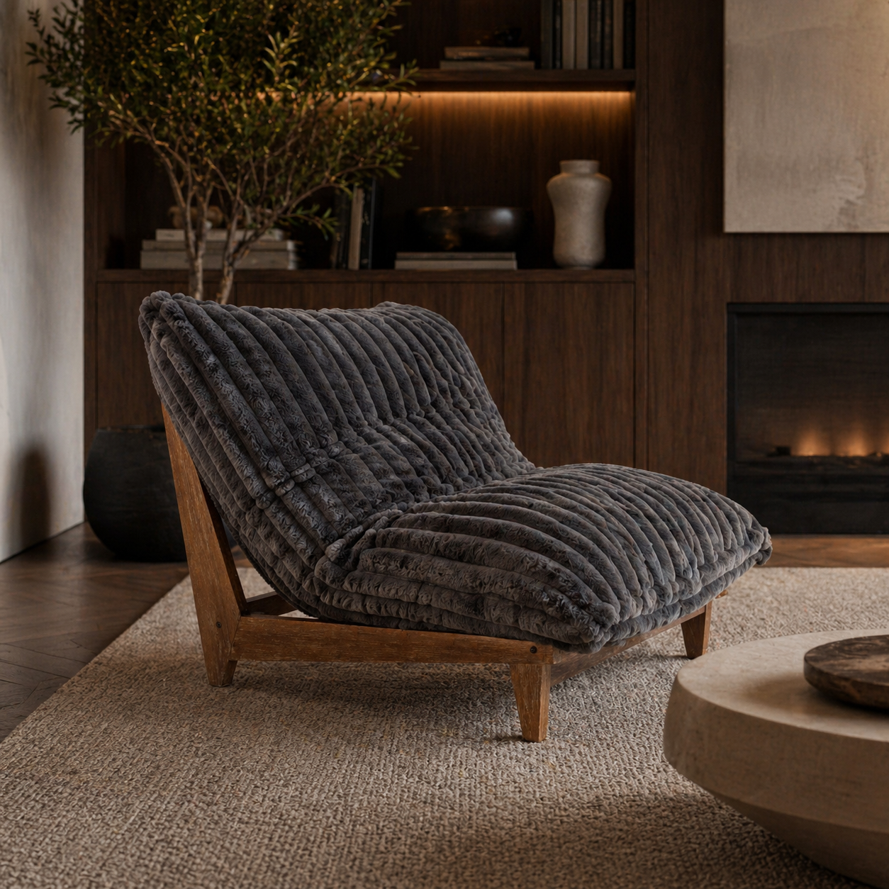 Gray plush acacia wood lounge chair in a warm modern interior