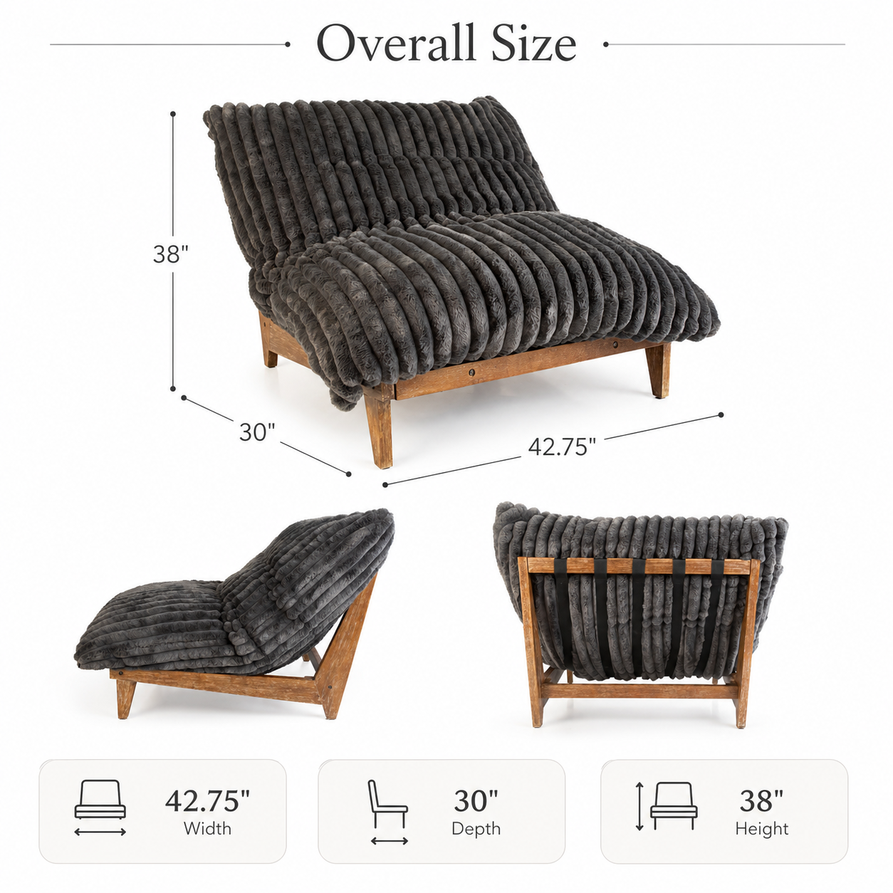 Gray plush lounge chair overall dimensions with width depth and height