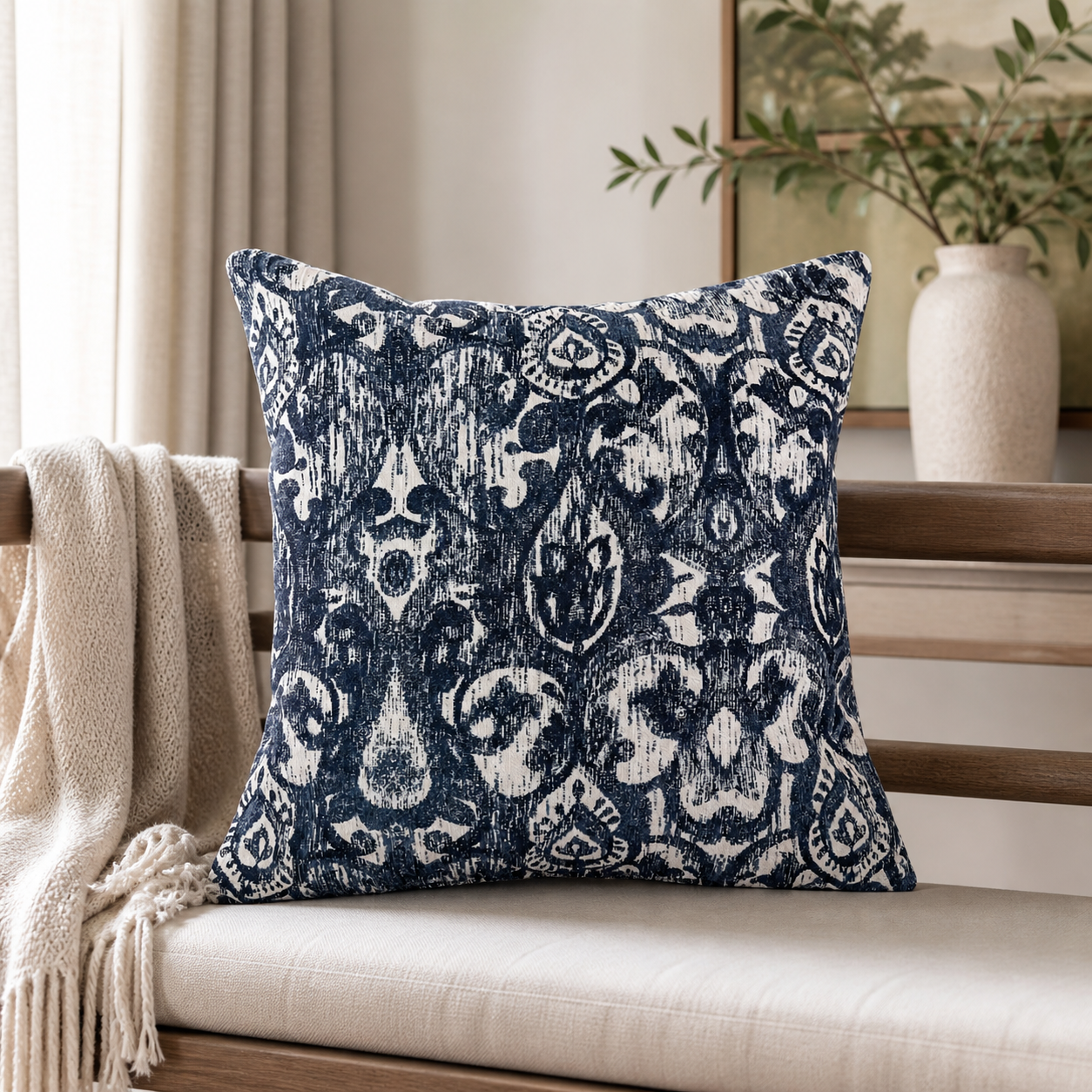 Navy blue ikat throw pillows styled in a neutral interior with textured ivory and blue decorative pillow covers by Design 59 Furniture