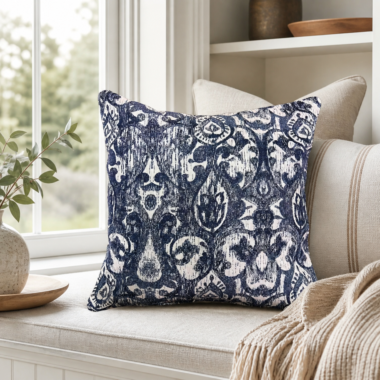 Navy ikat pillow covers styled on a window seat with coastal decor blue ivory textured pillow covers and Design 59 Furniture styling