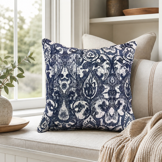 Navy ikat pillow covers styled on a window seat with coastal decor blue ivory textured pillow covers and Design 59 Furniture styling
