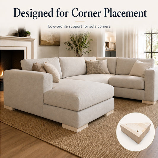 Unfinished parawood corner sofa leg installed under the corner of a beige sectional sofa.