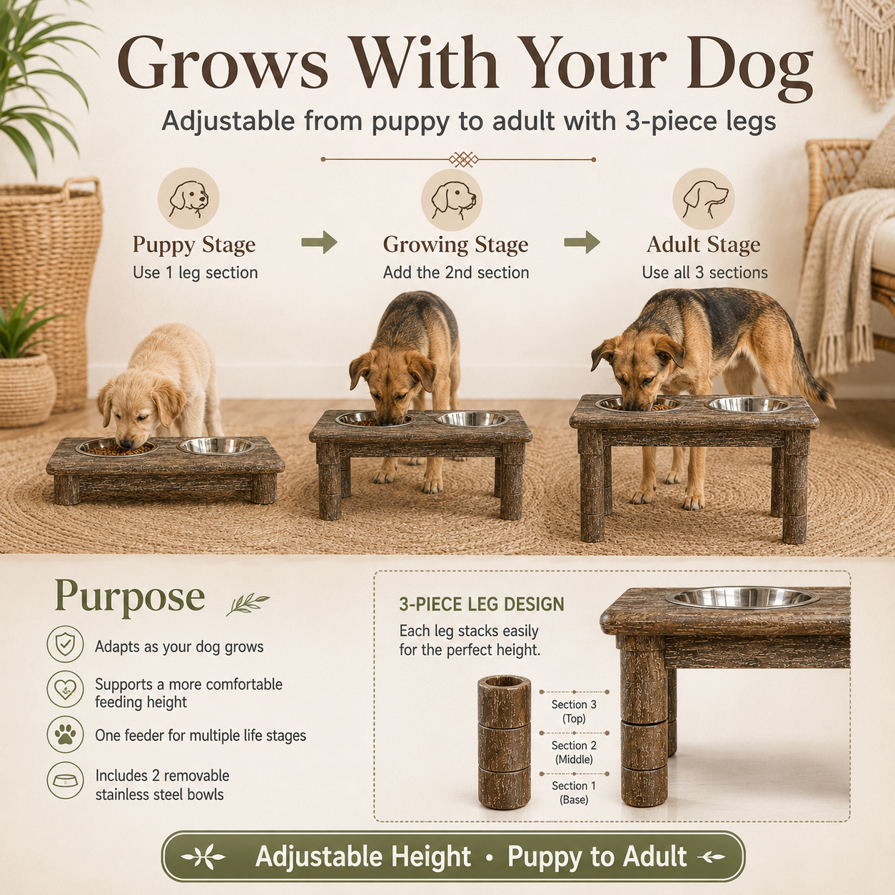 Puppy-to-adult adjustable dog feeder infographic showing three height levels for puppy, growing dog, and adult dog use