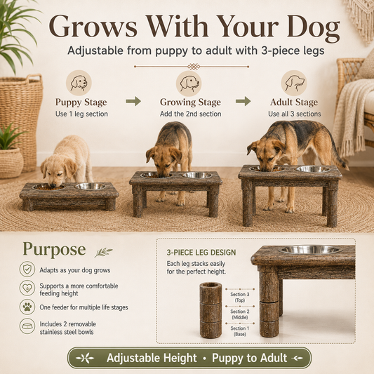 Puppy-to-adult adjustable dog feeder infographic showing three height levels for puppy, growing dog, and adult dog use