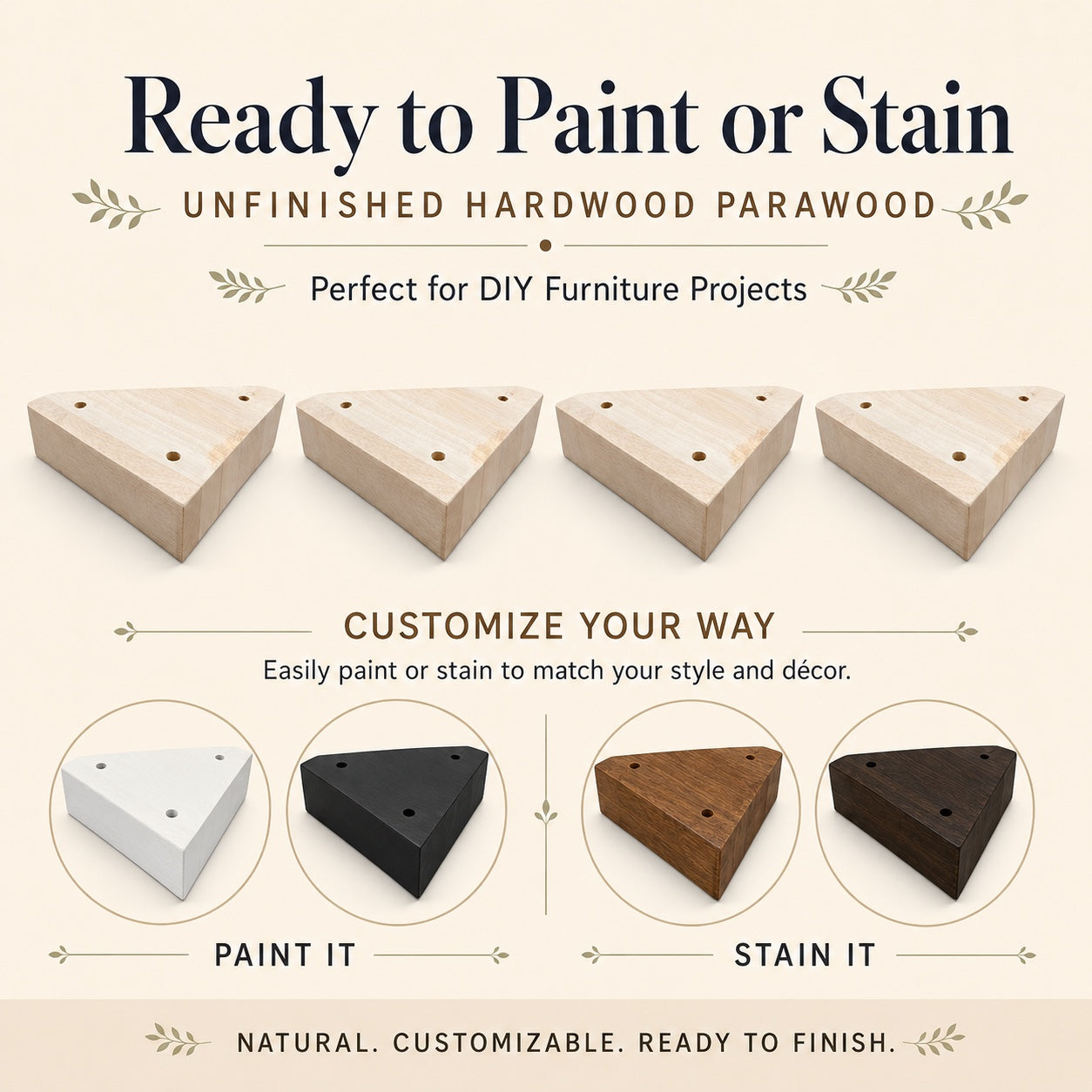 Unfinished hardwood parawood corner sofa legs shown with paint and stain finish examples.