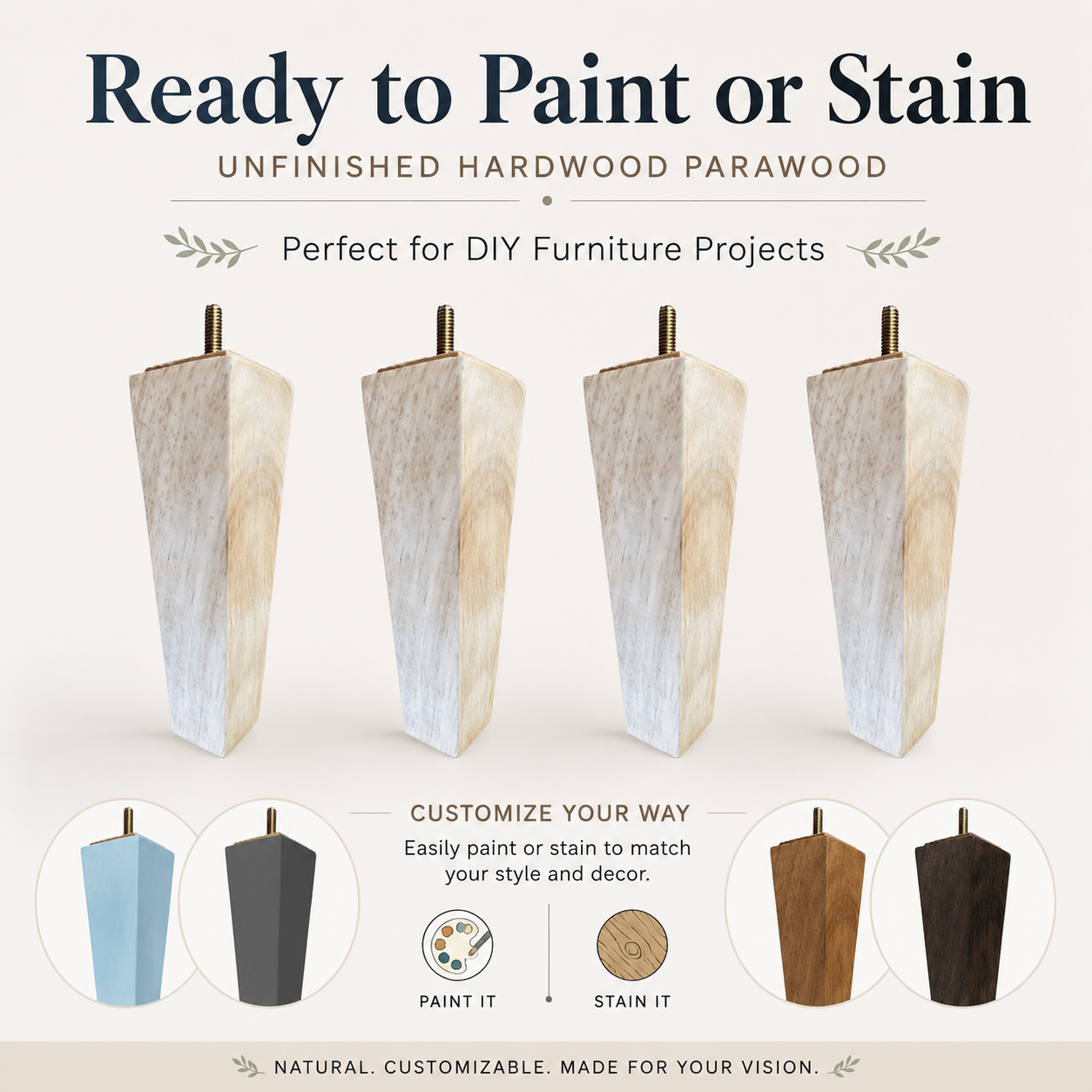 Unfinished Parawood pyramid sofa legs with customizable stain or paint options