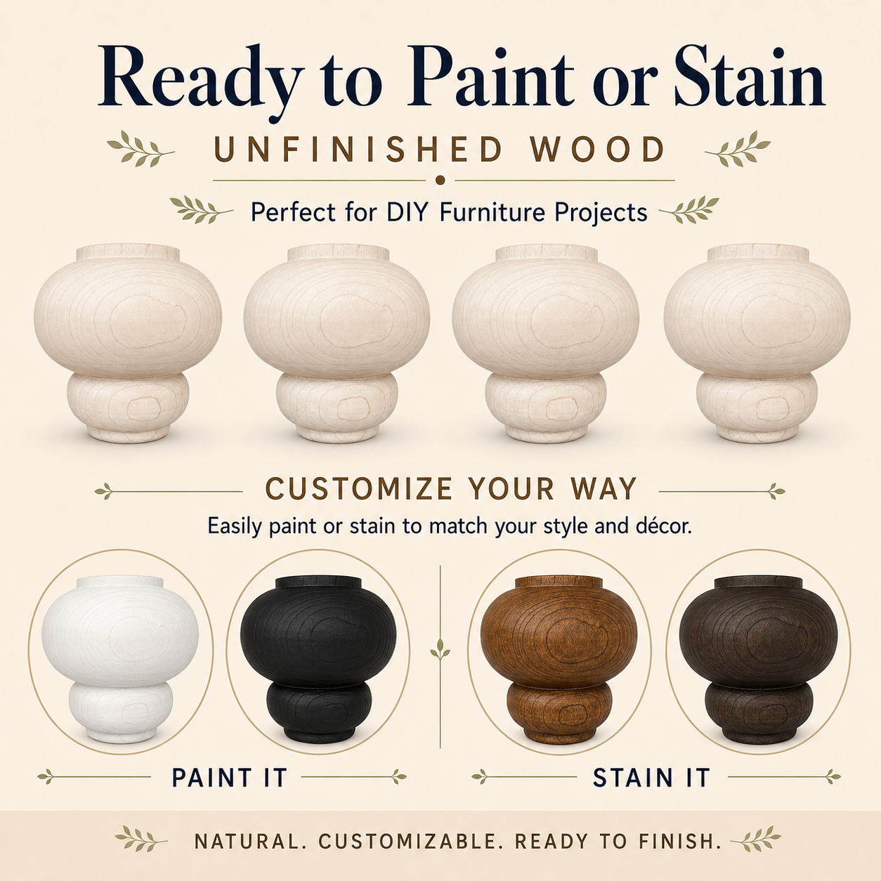 Unfinished wood bun style furniture legs shown with paint and stain finish examples.
