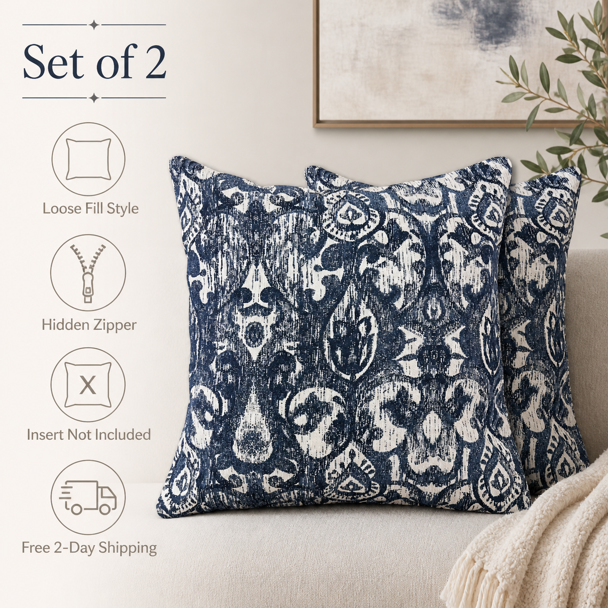Set of 2 blue ikat pillow covers infographic showing hidden zipper loose fill style and navy ivory decorative throw pillow details