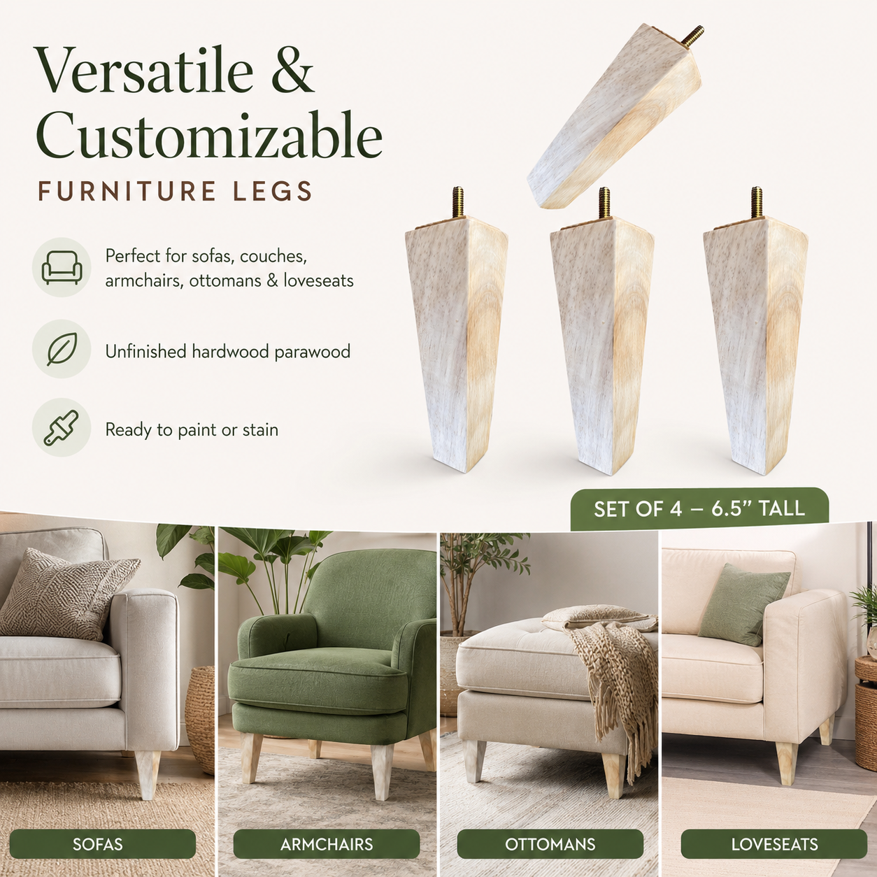Pyramid wood furniture legs for sofas, chairs, ottomans, and furniture upgrades