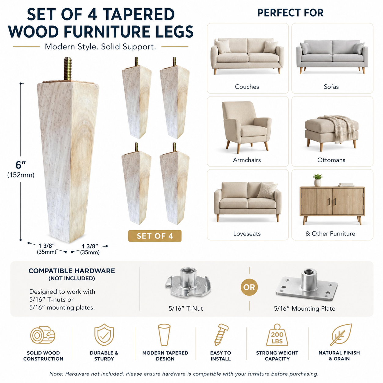 Set of 4 pyramid tapered wood furniture legs for sofas and upholstery projects