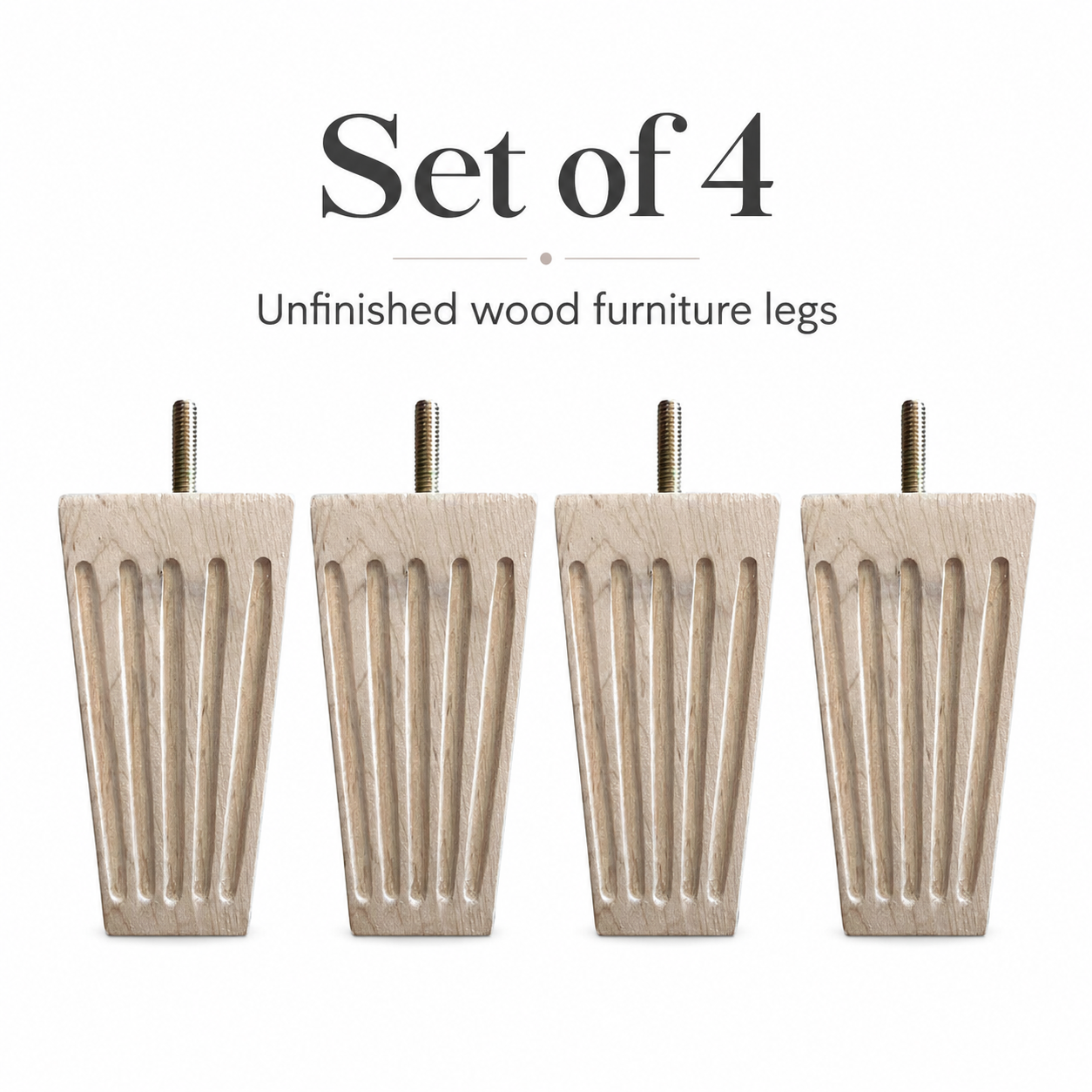 Set of 4 unfinished fluted sofa legs with tapered wood profile and hanger bolts for furniture repair and upholstery projects