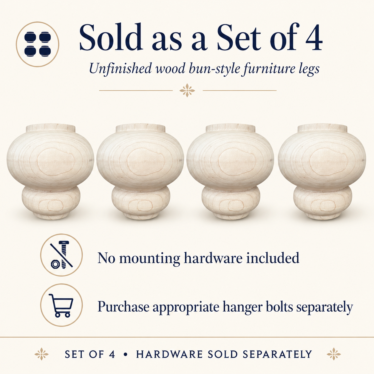 Set of 4 unfinished wood bun style furniture legs with no mounting hardware included and hanger bolts sold separately.