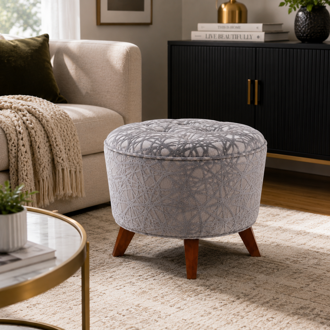Silver Astoria tufted ottoman bench styled in a cozy modern living room