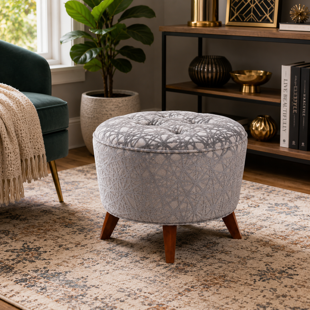 Silver Astoria tufted ottoman bench styled with neo deco home decor and greenery