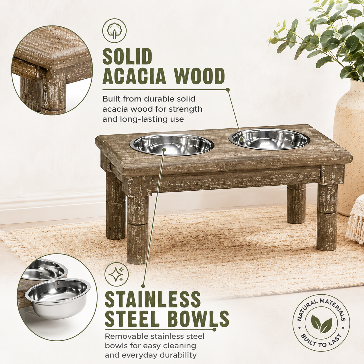Solid acacia wood and stainless steel dog feeder infographic showing removable bowls and durable washed oak farmhouse construction