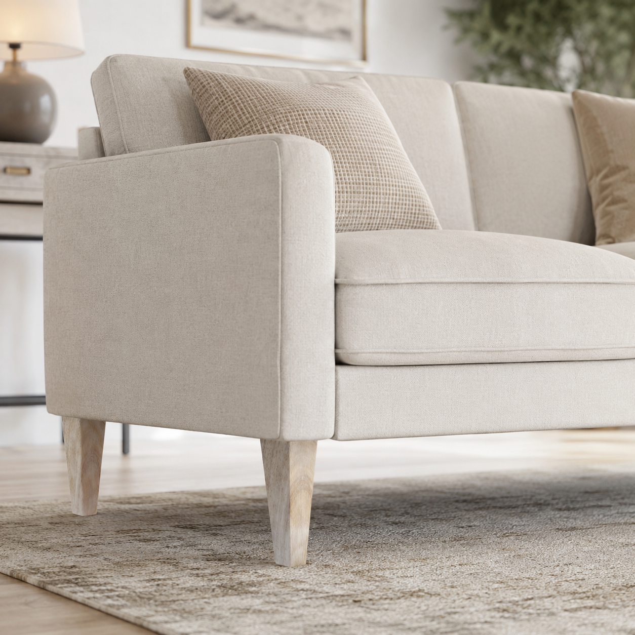 Beige sofa styled with pyramid tapered wood furniture legs