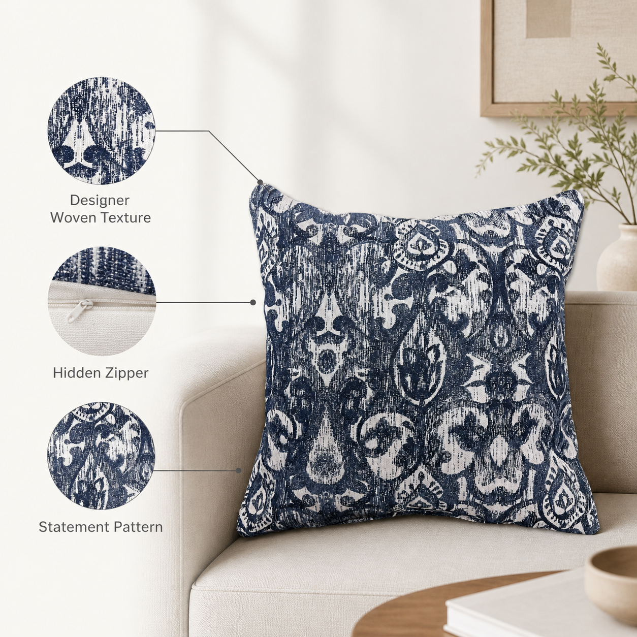 Textured blue ikat pillow covers styled on a modern living room sofa with navy ivory decorative throw pillows by Design 59 Furniture