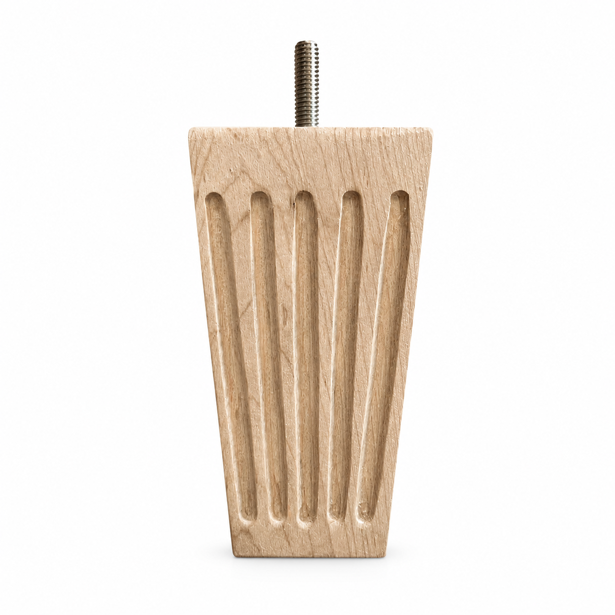 Unfinished fluted sofa leg with 4.625 inch height, 2.5 inch square top, tapered wood profile, and hanger bolt