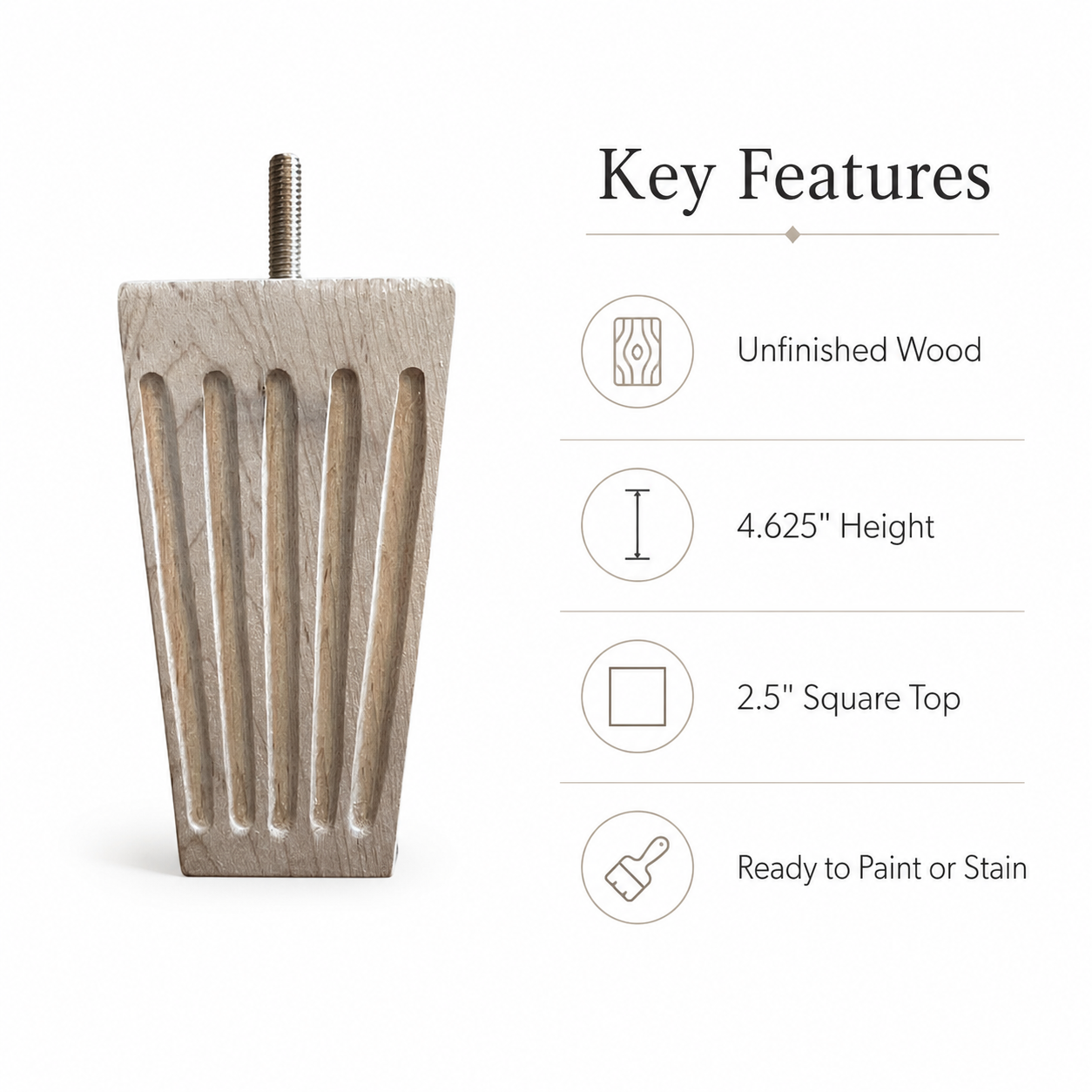 Key features infographic for unfinished fluted sofa leg with 4.625 inch height, 2.5 inch square top, and paintable stainable wood