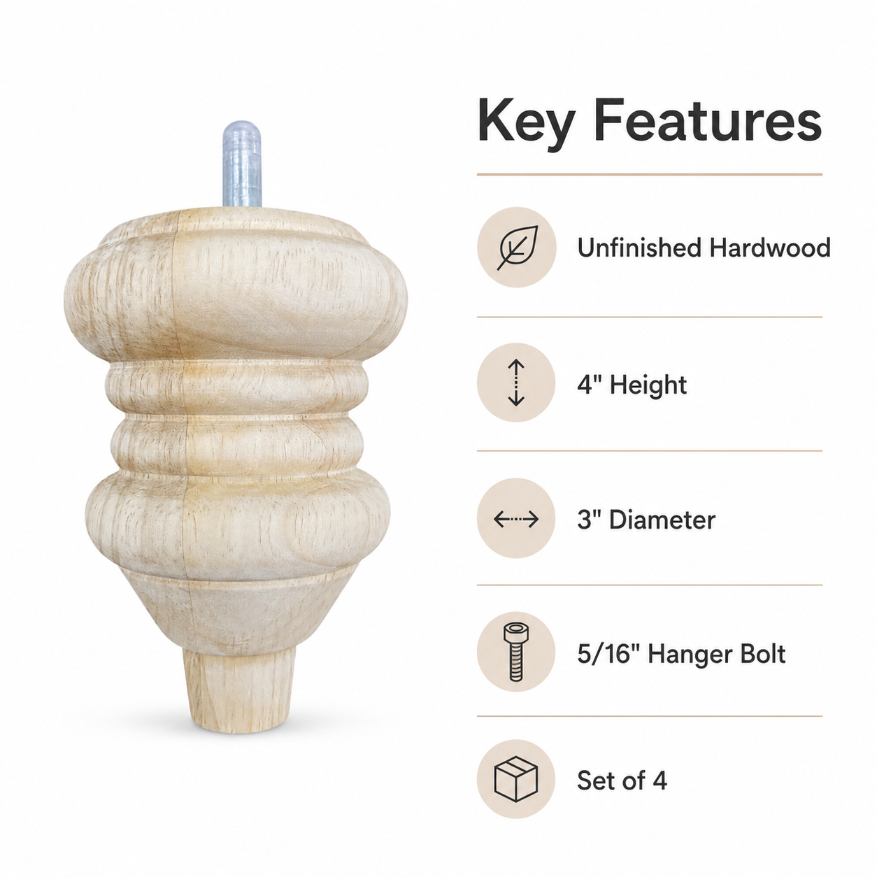 Key features infographic for unfinished hardwood sofa leg with 4 inch height, 3 inch diameter, 5/16 inch hanger bolt, and set of 4