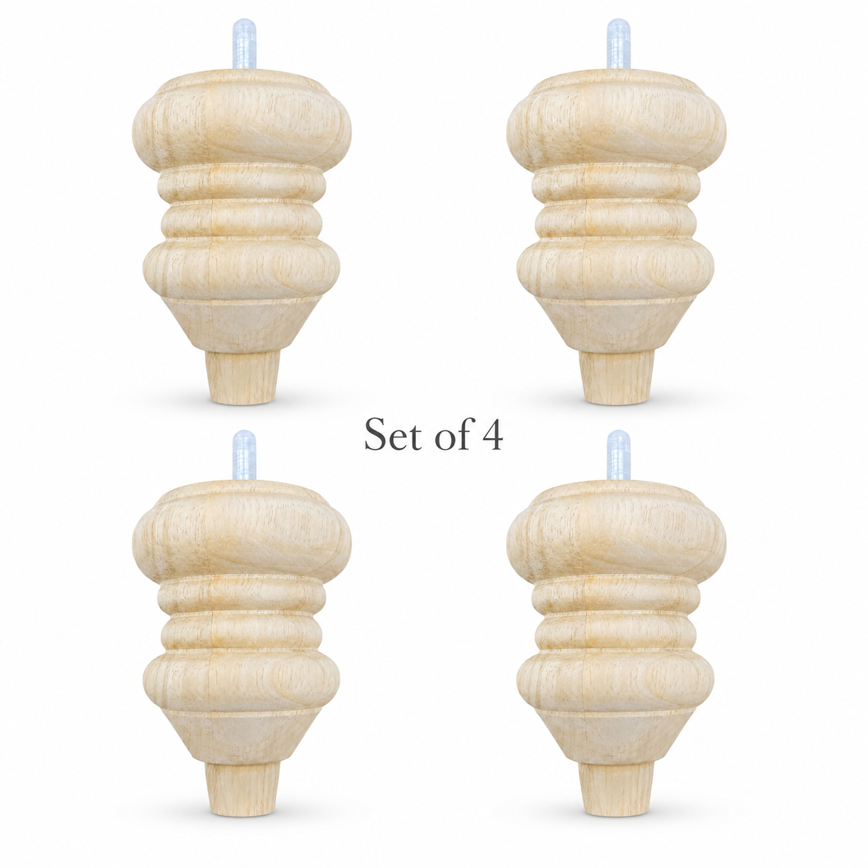 Set of 4 unfinished hardwood sofa legs with turned profile and 5/16 inch hanger bolts for replacement furniture feet
