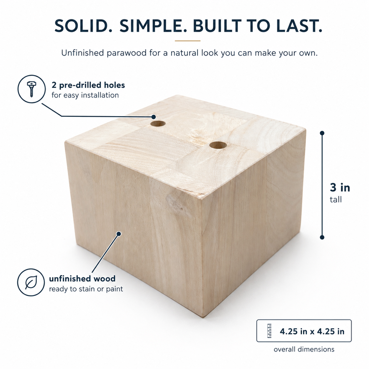 Unfinished parawood square sofa leg with two pre-drilled holes, 3 inch height, and 4.25 by 4.25 inch overall dimensions.