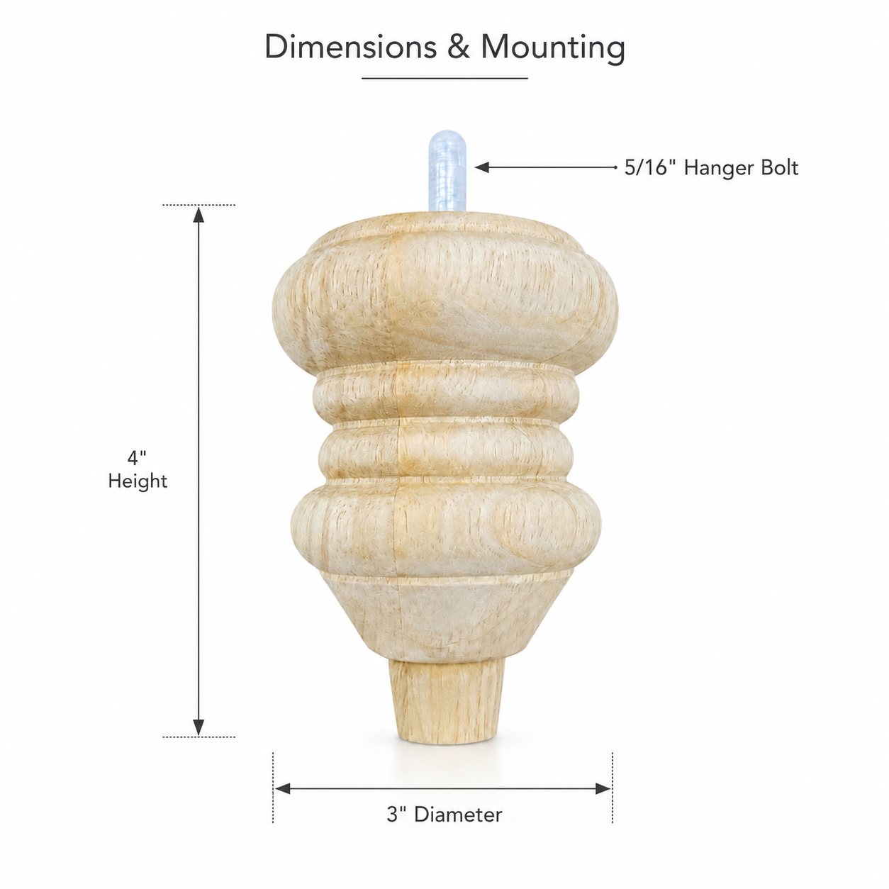 Dimensions infographic for unfinished sofa leg showing 4 inch height, 3 inch diameter, and 5/16 inch hanger bolt