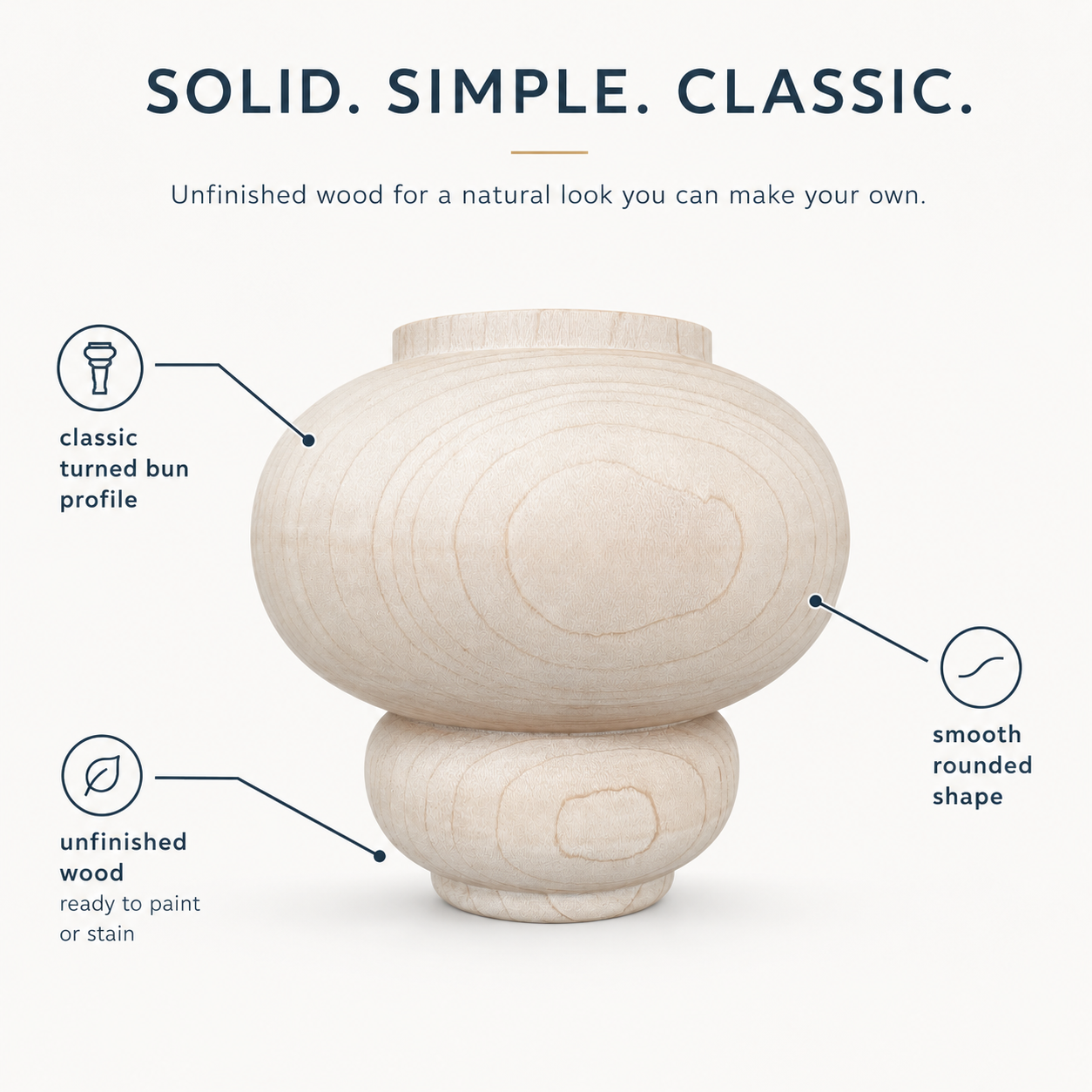 Unfinished wood bun style furniture leg with classic turned profile, smooth rounded shape, and paint or stain ready surface.