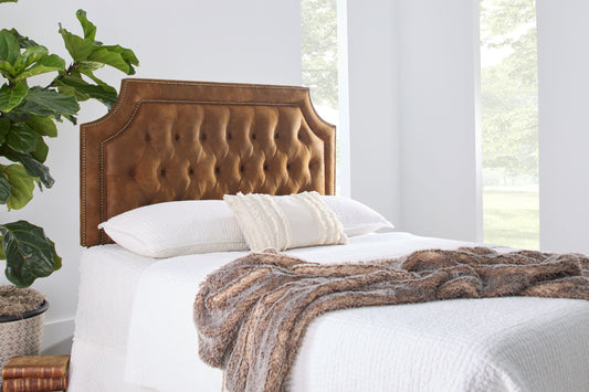 Upholstered Headboard, Brown Vegan Leather, Diamond Tufted with Brass Nailhead