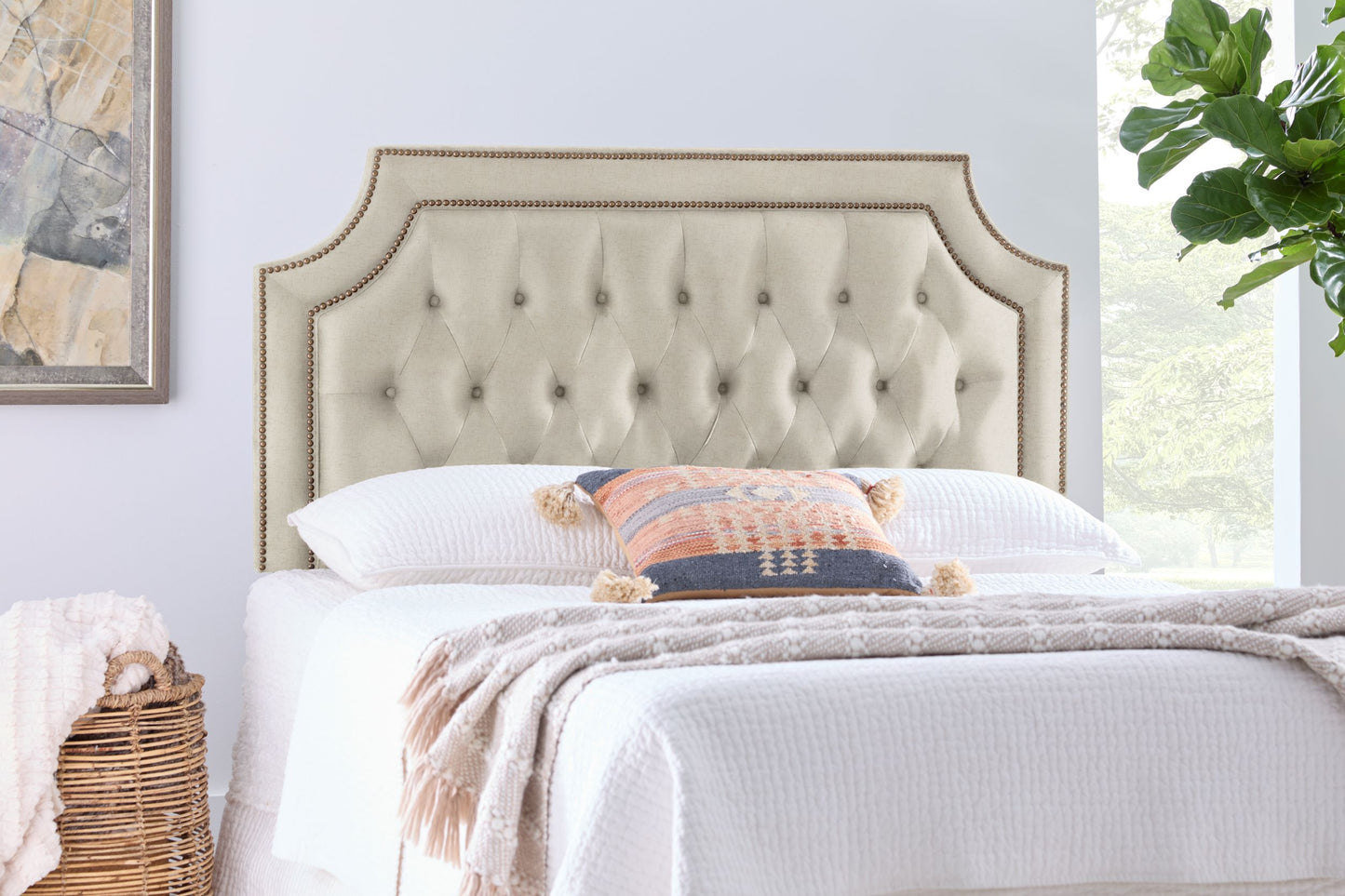 Queen Upholstered Headboard, Oatmeal Linen, Diamond Tufted with Brass Nailhead