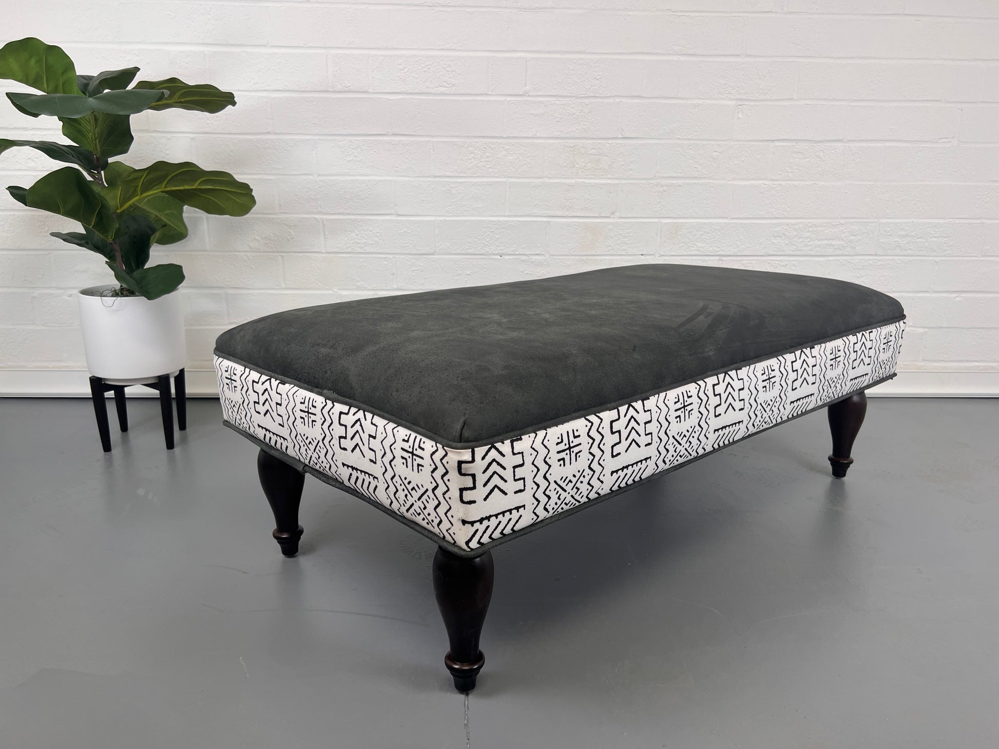 Genuine Leather Ottoman with African Mud Cloth Border