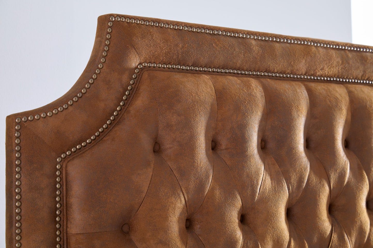 Upholstered Headboard, Brown Vegan Leather, Diamond Tufted with Brass Nailhead