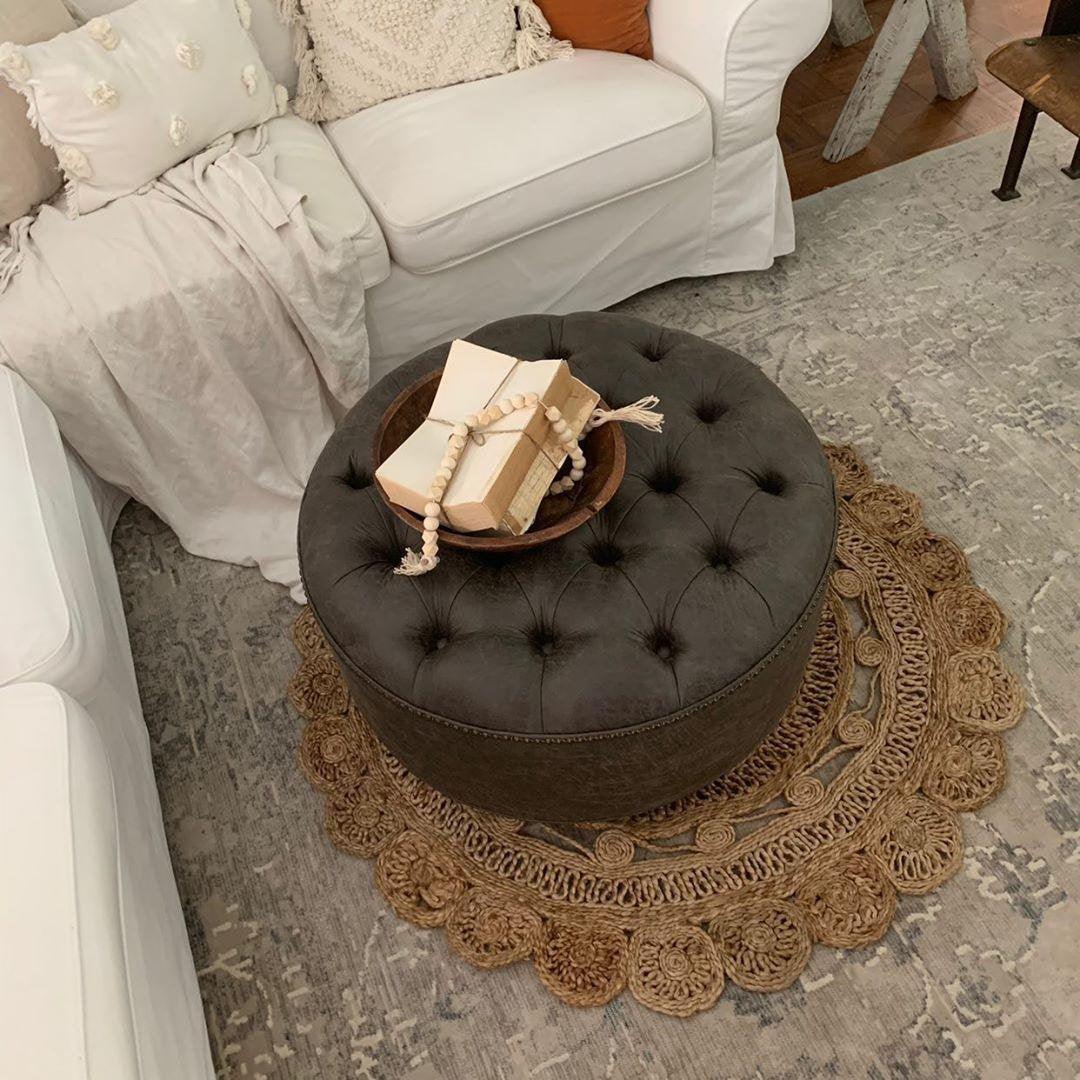 Granite Grey Distressed Vegan Leather Ottoman, Tufted, Upholstered, Round - Design59