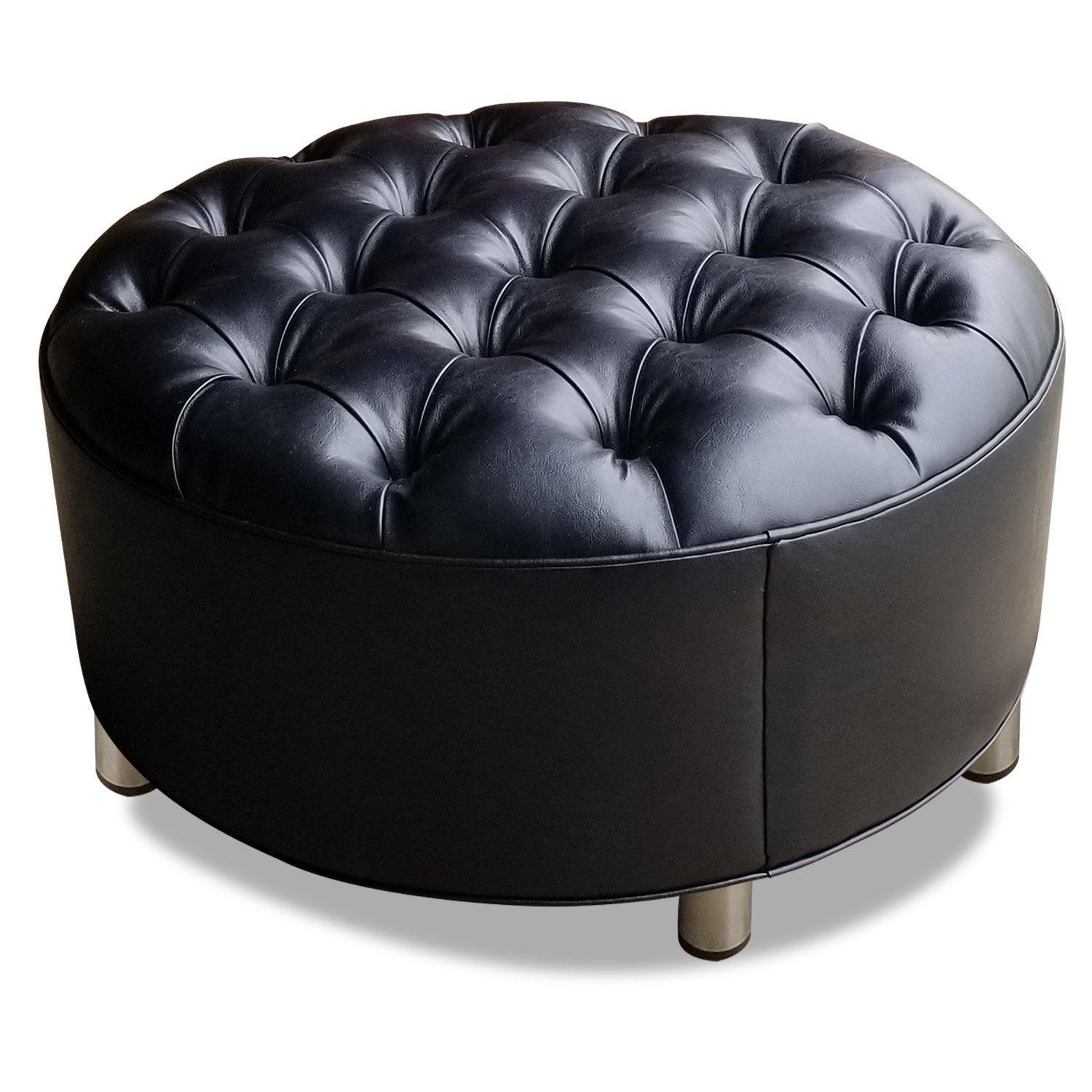 Modern Round Ottoman, Tufted, Black Vegan Leather, Chrome Metal