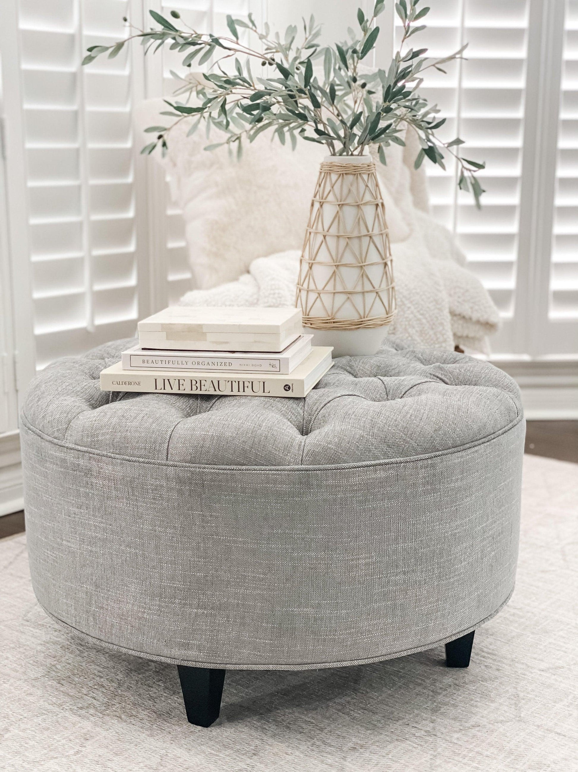 Grey Linen Upholstered Ottoman- Footstool, coffee table- Design 59 inc - Design59