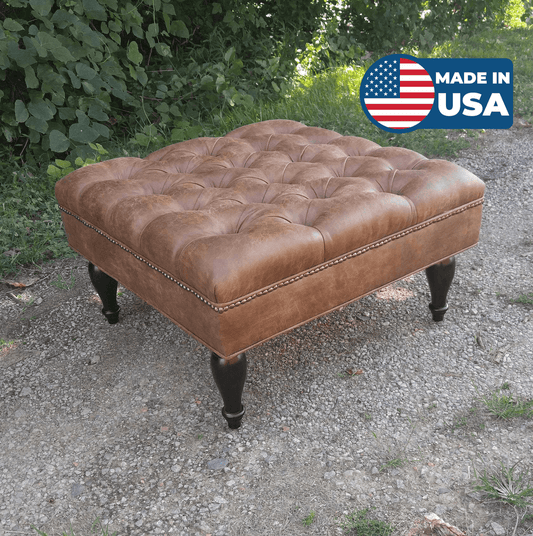 Distressed Vegan Leather Tufted Upholstered Ottoman- Footstool, coffee table- Design 59 inc - Design59
