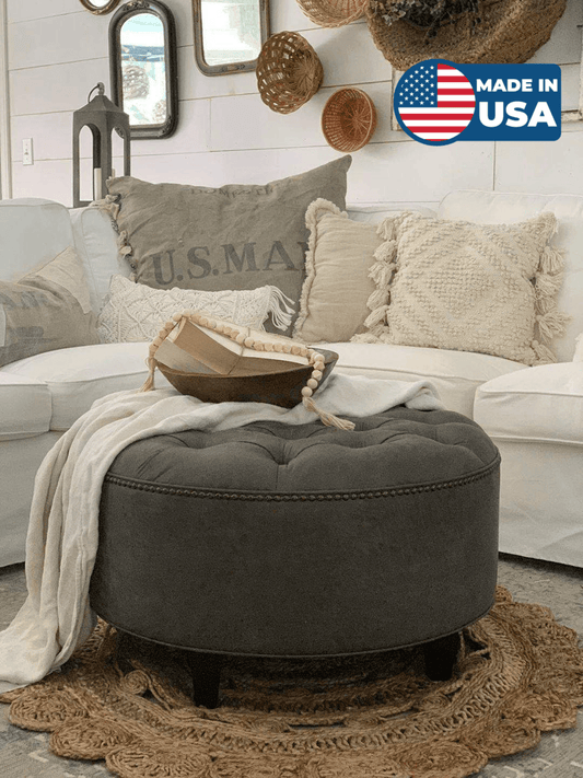 Granite Grey Distressed Vegan Leather Ottoman, Tufted, Upholstered, Round - Design59